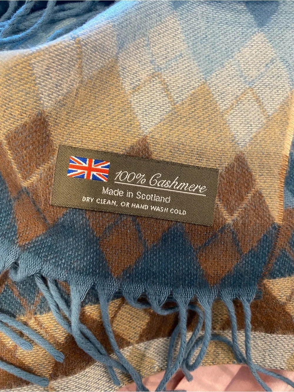 Cashmere Scotland scarf argyle tassel fringe 100% cashmere blue brown luxury